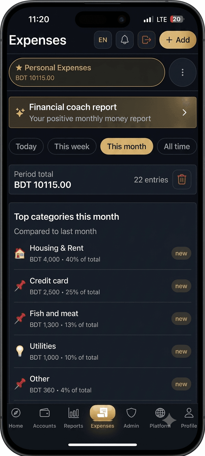 R360 Hisab Personal Expense Tracking Screen